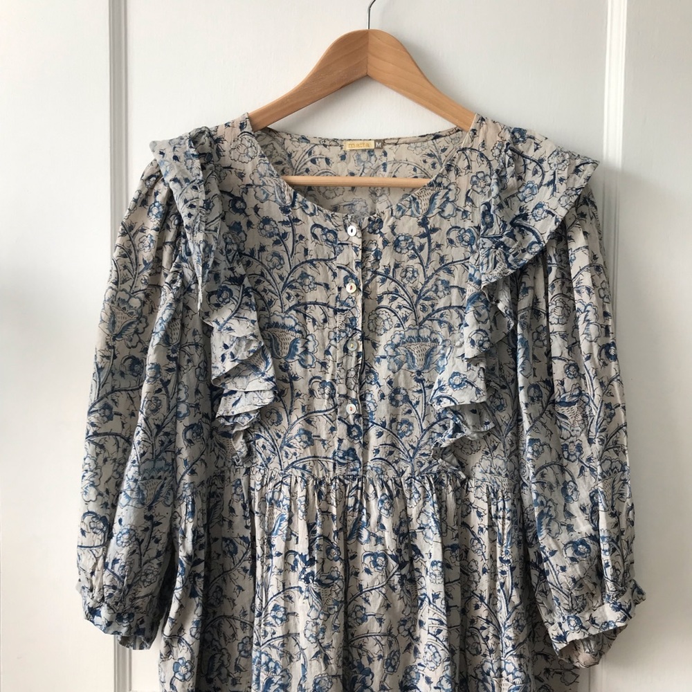 Matta Blue and Cream Sundress with Bishop Sleeves